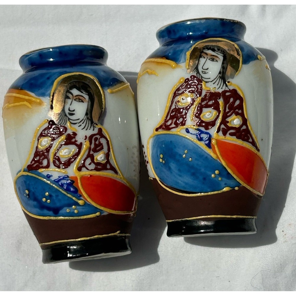 Vintage Made In Occupied Japan Hand Painted Miniature Vase‎ W/Japanese Figure X2